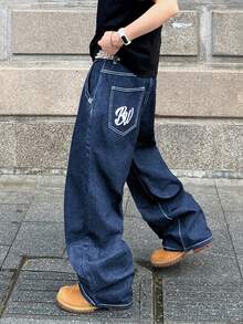 PAVTROS 男士休闲日常字母印花宽松阔腿牛仔裤 - 中等水洗藍 - 查看 4