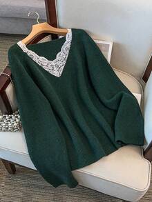 EMERY ROSE New Elegant Lace Trim V-Neck Soft & Versatile Plus Size Knit Pullover Top For Women - Dark Green - View 5