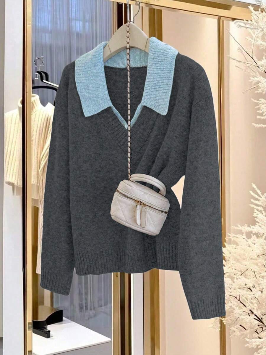 Franclia V-Neck 2 In 1 Long Sleeve Sweater, Autumn/Winter - Dark Grey - View 1