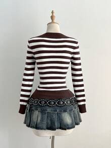 Elamini Women's Casual Versatile Striped Pattern Crew Neck Fitted Sweater, Autumn/Winter - Multicolor - View 2