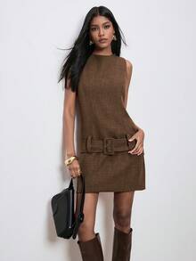 ATUI Studio 女式束腰短款连衣裙，时尚百搭，简约通勤，日常穿搭，度假风格，办公室通勤，简约女装 - 咖啡棕 - 查看 1