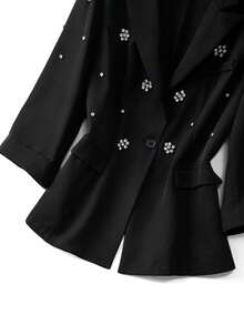 Elenzga Plus Size Women's Elegant Lapel 3/4 Sleeve Faux Pocket Bubble Pearl Floral Design Casual Fitted Blazer Jacket, Winter - Black - View 4