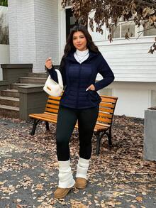 SHEIN EZwear 大码女式海军蓝连帽夹克，秋冬 - 藏蓝色 - 查看 3