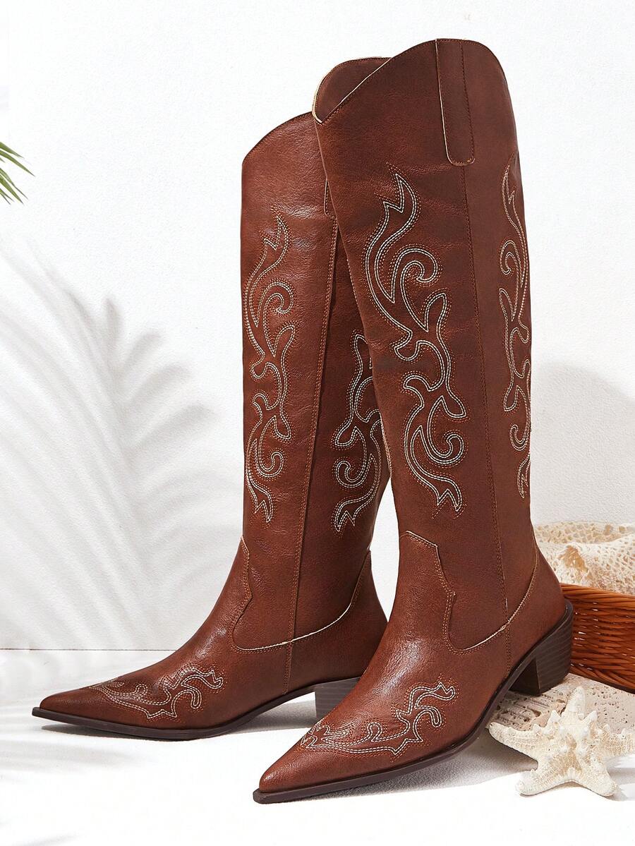 Styleloop Botas altas de estilo occidental con bordado marrón para mujer - Marrón - Ver 1