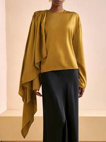 Zivah 2025秋冬新年,情人节,派对,宴会,约会,生日派对,学院风,学生装,日常出游,基础百搭,休闲,邮轮旅行,爆款,优雅,通勤,商务休闲,极简主义,圆领长袖,可拆卸肩带,宽松直筒剪裁,缎面姜黄色,优雅衬衫,通勤衬衫,女士衬衫 - 芥末黃 - 查看 3