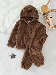 Young Boy Brown Jacquard Fleece Hooded Long Sleeve Loungewear Set - Coffee Brown - View 7