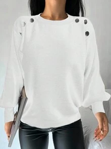 EURMUSE 紐扣細節燈籠袖套頭毛衣 - 白色 - 查看 5
