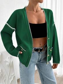 EURMUSE Women Solid Color Deep V-Neck Handmade Stitch Detailed Cardigan - Green - View 3