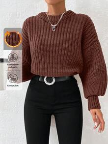Women Solid Color Round Neck Drop Shoulder Long Sleeve Loose Knit Sweater For Autumn/Winter