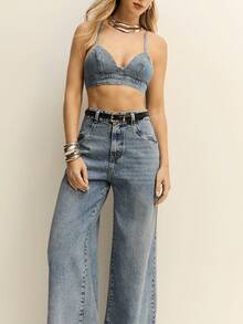 Daynim Calça Jeans Feminina Super Wide Leg Pantalona Cintura Alta Vintage - Lavagem Média - Visão 7