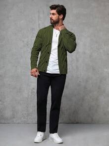 Manfinity Homme Men's Casual Cable Pattern Long Sleeve Knitted Cardigan, Autumn/Winter Mens Crochet Set Earthy Clothes Men - Green - View 4