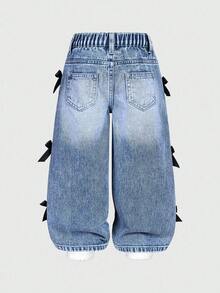 SHEIN 年轻女孩做旧复古时尚个性化前开衩漂白牛仔阔腿修身百搭四季蓝色休闲裤 - 中等水洗藍 - 查看 2