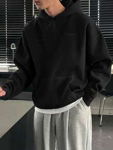 DAZY 男士字母刺绣设计保暖内衬连帽衫，秋冬 - 黑色 - 查看 5