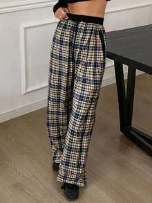 DAZY Women Contrast Color Waist Loose Plaid Drawstring Elastic Waist Wide Leg Pants Fall - Brown - View 4