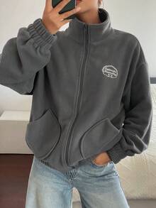 DAZY Contrast Color Letter Embroidered Reversible Sherpa Lined Thick Turtleneck Loose Casual Street Style Sweatshirt For Women, Autumn/Winter - Grey - View 5