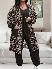 Vionelle 大码女式优雅豹纹长袖上衣和无袖连体裤两件套，秋冬 - 彩色 - 查看 1
