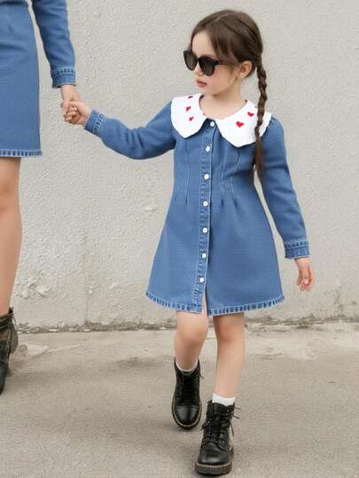 SHEIN 少女红心刺绣蓝色牛仔连衣裙