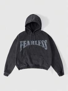 ROMWE MEN Street Life Áo khoác hoodie tay dài họa tiết chữ mùa thu dành cho nam có túi và dây rút - màu đen - Xem 1