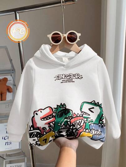 男童标语卡通恐龙印花长袖休闲抓绒卫衣，秋冬款