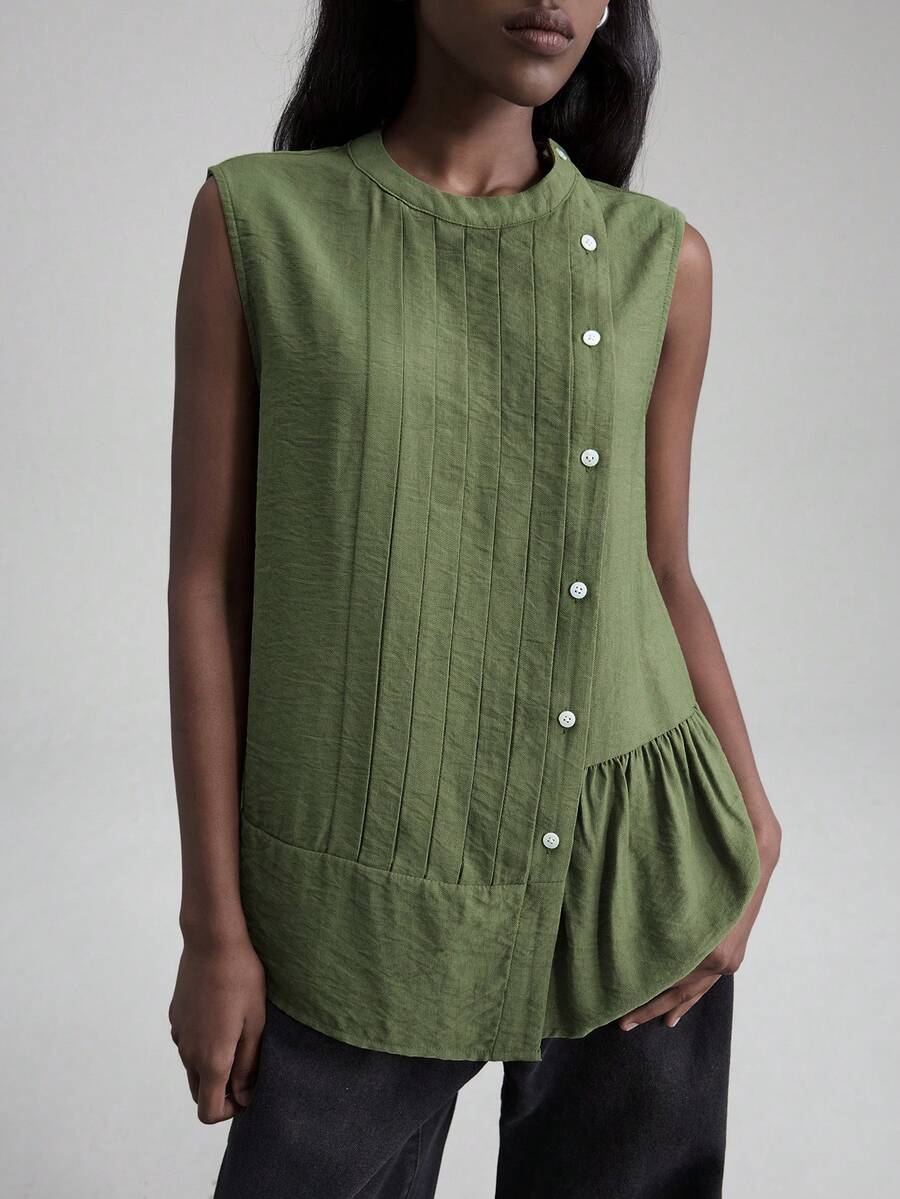 Ontre 女式不对称设计圆领无袖褶边亚麻衬衫，优雅的办公室着装，红色上衣，基本款上衣，优雅衬衫，适合婚礼宾客