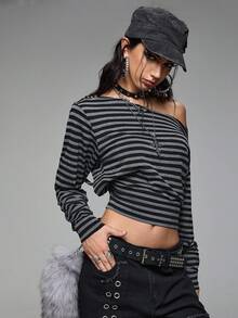 ROMWE Grunge Punk Áo thun nữ tay dài hở vai hở lưng sọc đen xám Y2K Baddie, khoét lỗ bên hông, trang trí lỗ kim loại - Nhiều màu - Xem 7