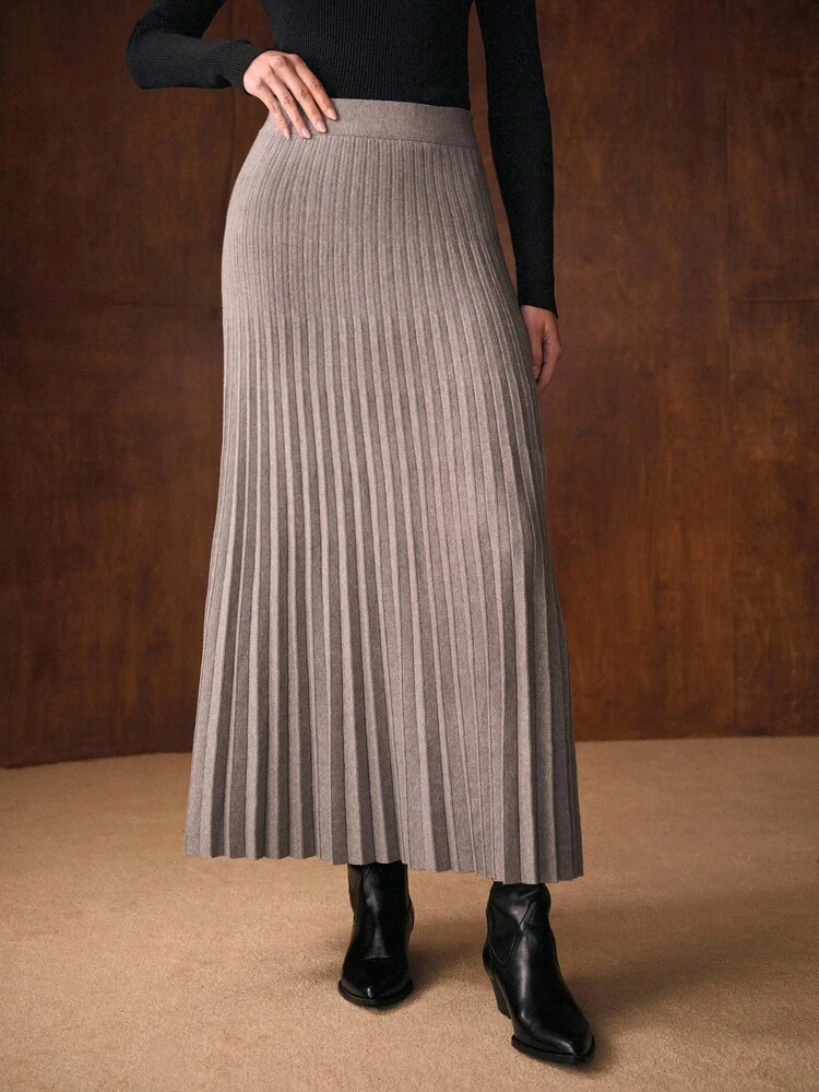 PLEATED LONG SWEATER KNIT SKIRT WITHOUT BELT