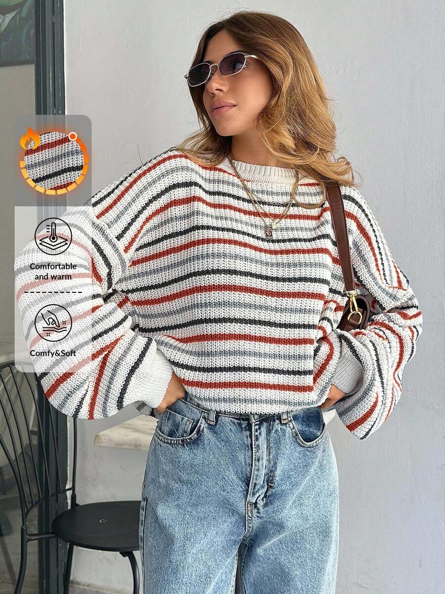 EURMUSE Femme pull ample à encolure ronde et épaules tombantes avec motif rayé - Multicolore - Voir 1