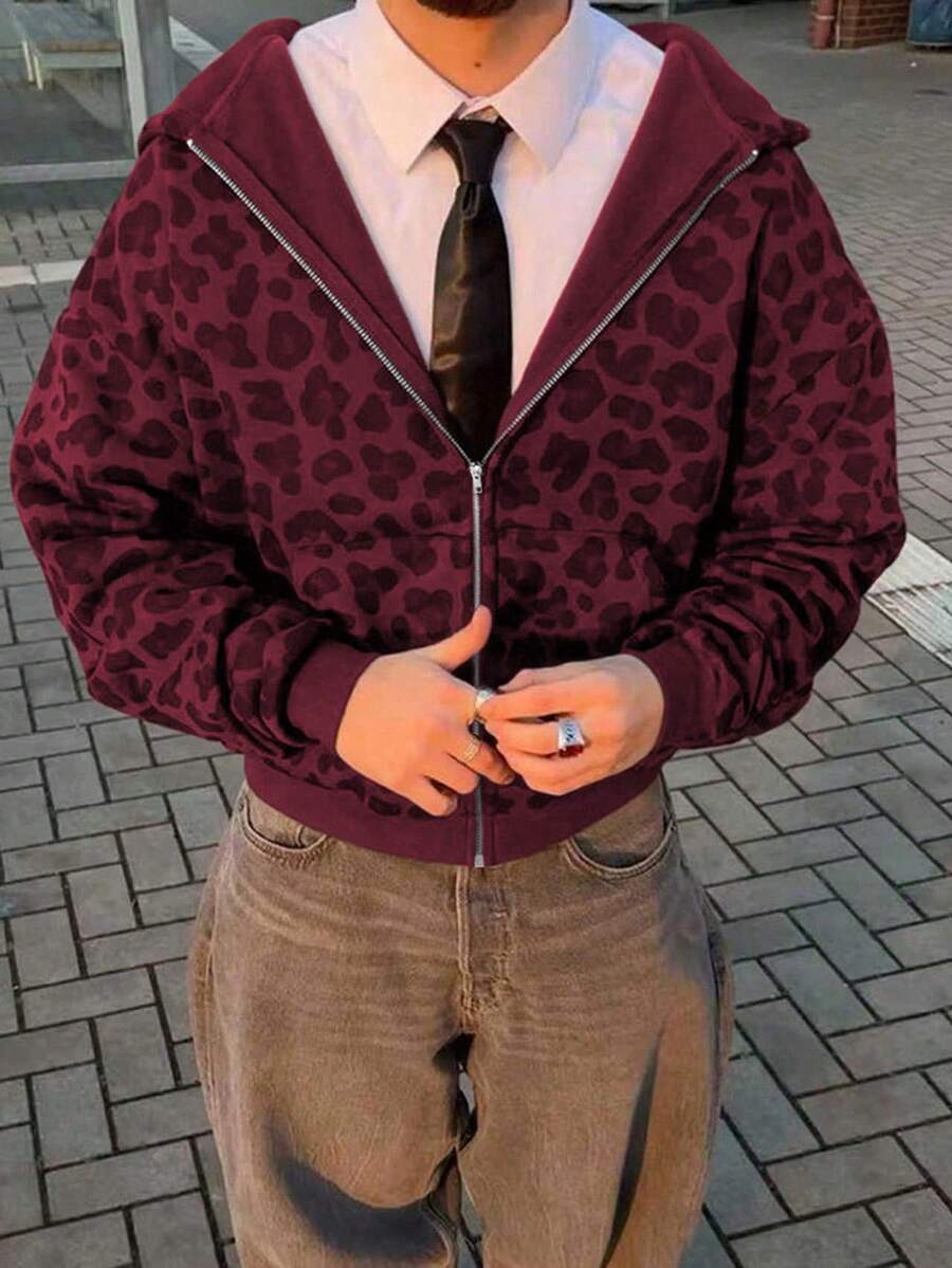 Manfinity Dauomo 男士豹纹拉链连帽卫衣，秋冬休闲长袖上衣 - 酒紅色 - 查看 1