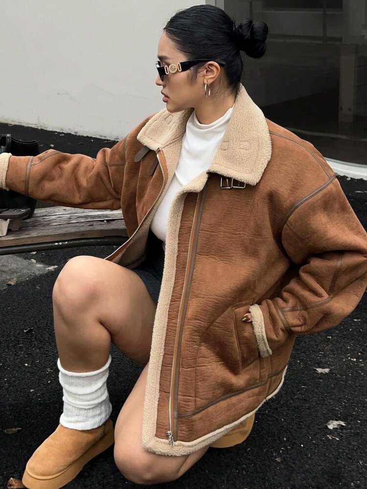 Dazy Plus Plus Size Women Faux Shearling & Suede Patchwork Motorcycle Jacket, Warm Thermal Lined, Autumn/Winter Thermal Lined Women Coats
