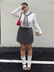 Dazy Plus Minirock in A-Linie für Große Größen, Wollmischgewebe, lässiger Pendler-Stil, Herbst/Winter