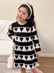 SHEIN Young Girl Contrast Color Round Neck Long Sleeve Heart Pattern Casual Sweater Dress - Black and White - View 4