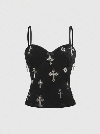 Goth Gothic Velvet Cross & Bow Tie Camisole For Women