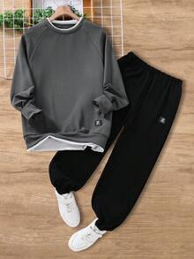 青少年男孩两件套休闲长袖套装 - 灰色 - 查看 7