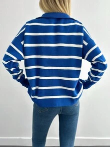 EURMUSE 女式条纹简约毛衣，前拉链，休闲装 - 寶藍色 - 查看 2