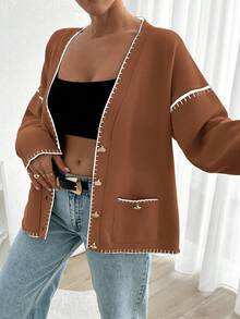 EURMUSE Women Solid Color Deep V-Neck Handmade Stitch Detailed Cardigan - Brown - View 4