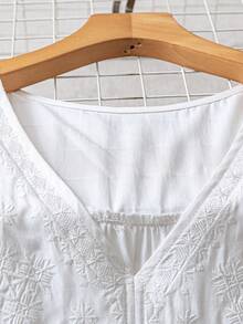 Linhara 大码休闲纯色刺绣衬衫，夏季 - 白色 - 查看 3