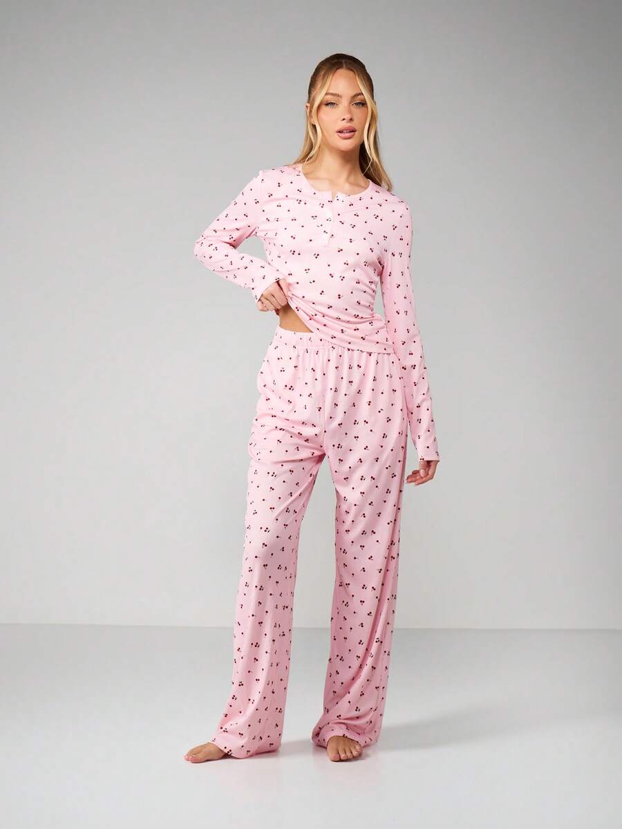 MISSGUIDED 休闲套装樱桃图案长袖上衣抽绳裤舒适睡衣套装睡衣舒适家居服冬季 - 粉色 - 查看 1