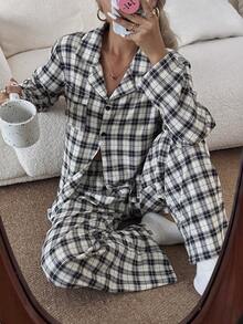 SHEIN 女士休闲纹理格纹印花长袖上衣和裤子睡衣套装，冬季服装 - 彩色 - 查看 6