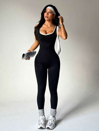 Dewbera 1pc Seamless Knitted Long Jumpsuit, Body-Hugging Fit, Skin-Friendly Deep V Yoga & Running Activewear Jumpsuit Women Sports Jumpsuits Gym Body Suit Woman Workout Jumpsuit Seamless Yoga Jumpsuit Seamless Workout Jumpsuit Unitard Jumpsuit Tummy Control Jumpsuit