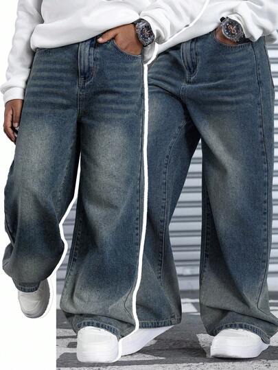 SHEIN Teen Boy Fashion Casual Vintage Designed Wash Water Blue Loose Straight Leg Jeans Cool Thanksgiving For Costume Dailywear And Fall/Winter Baggy Jeans Streetwear Jeans