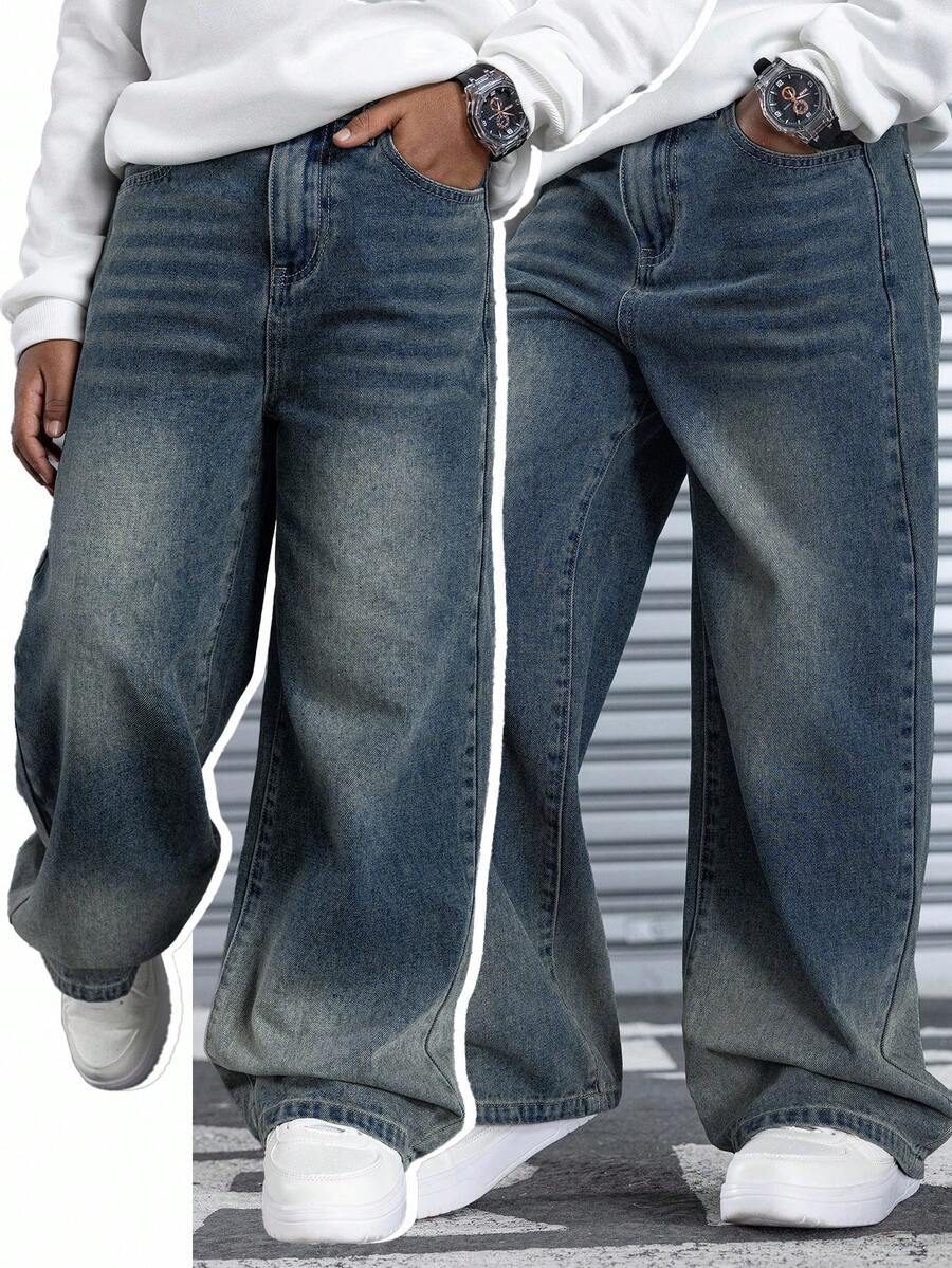 SHEIN Teen Boy Fashion Casual Vintage Designed Wash Water Blue Loose Straight Leg Jeans Boys Cool Outfit/Boys Thanksgiving Outfit For Boys Costume Dailywear And Fall/Winter Teen Boy Clothes Baggy Jean Teen Streetwear Jeans