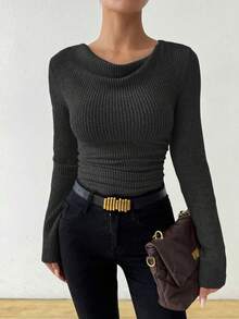 SHEIN Vintage Asymmetrical Draped Neck Textured Ruched Fitted Long Sleeve T-Shirt - Dark Grey - View 4