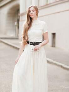 ORNATELLA Spring, Elegant, Casual Women's Knitted Texture Wrinkle Versatile Apricot Short Sleeved T-Shirt - Apricot - View 2