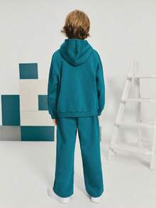 Leap Crew 2 件套青少年男童休闲街头时尚印花连帽衫和纯色松紧腰运动裤套装，适合返校、生日、迎婴派对、节日派对、秋冬季 - 綠色 - 查看 7