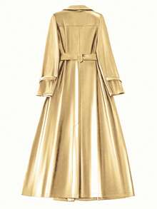 Franclia 大码女式纯色翻领长袖宽松休闲时尚PU皮风衣，秋季金色女式金色秋季女式婚礼带蝴蝶结金色大码风衣 - 金色 - 查看 2