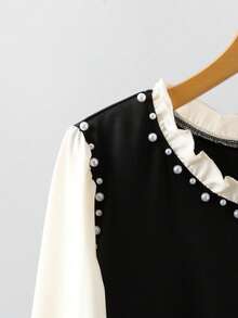 GlowEve CURVE Plus Two Tone Frill Mock Neck Flounce Sleeve Faux Pearls Dress - Black and White - View 4