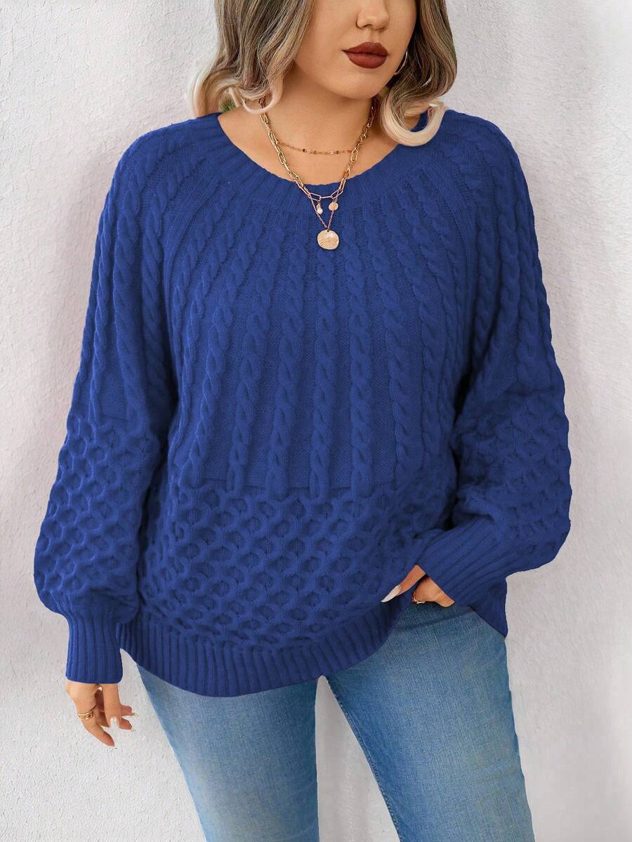 EMERY ROSE Plus Size Textured Crew Neck Relaxed Fit Sweater For New Year Clothes - Royal Blue - View 1