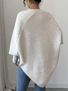 Elenzga Women's Asymmetrical Hem Oversized Crew Neck Pullover Sweater, Relaxed Fit, Soft & Comfortable Wool Blend, Suitable For Autumn/Winter - Apricot - View 2