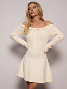 SHEIN BAE Women's Elegant Off Shoulder Cream White Sweater Dress,Autumn Winter Fashionable Long Sleeve Short Dress For Dining,Party,Halloween & Christmas - Apricot - View 5