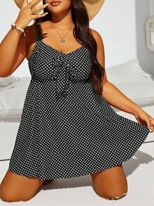 Swim Lushoire Summer Beach Plus Size Polka Dot Knot Front Swim Dress